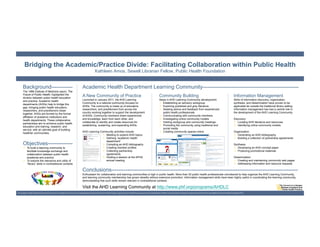 Bridging the Academic/Practice Divide: Facilitating Collaboration within Public Health
                                                                                                           Kathleen Amos, Sewell Librarian Fellow, Public Health Foundation


       Background------------                                                             Academic Health Department Learning Community------------------------------------------------------
       The 1988 Institute of Medicine report, The
       Future of Public Health, highlighted the
       division between public health education
                                                                                          A New Community of Practice                                                                                Community Building                                                                                      Information Management
                                                                                          Launched in January 2011, the AHD Learning                                                                 Steps in AHD Learning Community development:                                                            Skills of information discovery, organization,
       and practice. Academic health
                                                                                          Community is a national community focused on                                                                 Establishing an advisory workgroup                                                                   synthesis, and dissemination have proven to be
       departments (AHDs) help to bridge this
                                                                                          AHDs. The community is made up of educators,                                                                 Exploring published and grey literature                                                              applicable far outside the traditional library setting.
       gap, bringing public health educators,
                                                                                          researchers, and practitioners from across the                                                               Seeking advice and feedback from experienced                                                         Information management has had a central role in
       researchers, and practitioners closer
                                                                                          country working together to support the development                                                           public health professionals                                                                          the development of the AHD Learning Community.
       together. AHDs are formed by the formal
                                                                                          of AHDs. Community members share experiences                                                                 Communicating with community members
       affiliation of academic institutions and
                                                                                          and knowledge, learn from each other, and                                                                    Investigating online community models                                                                Discovery:
       health departments. These collaborative
                                                                                          collaborate to identify and create resources for                                                             Holding workgroup and community meetings                                                               Locating AHD literature and resources
       partnerships aim to enhance public health
                                                                                          establishing, sustaining, and expanding AHDs.                                                                Promoting the community using traditional and                                                          Identifying online community models
       education and training, research, and
                                                                                                                                                                                                        social media
       service, with an ultimate goal of building
                                                                                          AHD Learning Community activities include:                                                                   Creating community spaces online                                                                     Organization:
       healthier communities.
                                                                                                          Meeting to explore AHD topics                                                                                                                                                                       Generating an AHD bibliography
                                                                                                          Defining “academic health                                                                                                                                                                           Building a collection of partnership agreements
                                                                                                           department”
       Objectives--------------                                                                           Compiling an AHD bibliography                                                                                                                                                                     Synthesis:
         To build a learning community to                                                                Creating member profiles                                                                                                                                                                            Developing an AHD concept paper
          facilitate knowledge exchange and                                                               Collecting partnership                                                                                                                                                                              Producing promotional materials
          collaboration between public health                                                              agreements
          academia and practice                                                                           Hosting a session at the APHA                                                                                                                                                                     Dissemination:
         To explore the relevance and utility of                                                          annual meeting                                                                                                                                                                                      Creating and maintaining community web pages
          “library” skills in nontraditional contexts                                                                                                                                                                                                                                                          Addressing information and resource requests

                                                                                          Conclusions---------------------------------------------------------------------------------------------------------
                                                                                          Enthusiasm for collaboration and learning communities is high in public health. More than 30 public health professionals volunteered to help organize the AHD Learning Community,
                                                                                          and learning community membership has grown steadily without extensive promotion. Information management skills have been highly useful in coordinating the learning community,
                                                                                          demonstrating that such skills remain relevant in nontraditional contexts.

                                                                                          Visit the AHD Learning Community at http://www.phf.org/programs/AHDLC
The Academic Health Department Learning Community is an initiative of the Council on Linkages Between Academia and Public Health Practice, supported by the Health Resources and Services Administration (HRSA) and the Centers for Disease Control and Prevention (CDC) and staffed by the Public Health Foundation (PHF).
 