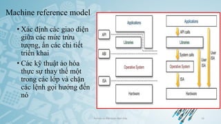 Machine reference model
• Xác định các giao diện
giữa các mức trừu
tượng, ẩn các chi tiết
triển khai
• Các kỹ thuật ảo hóa
thực sự thay thế một
trong các lớp và chặn
các lệnh gọi hướng đến
nó
Ảo hóa và điện toán đám mây 16
 