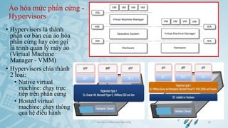 Ảo hóa mức phần cứng -
Hypervisors
• Hypervisors là thành
phần cơ bản của ảo hóa
phần cứng hay còn gọi
là trình quản lý máy ảo
(Virtual Machine
Manager - VMM)
• Hypervisors chia thành
2 loại:
• Native virtual
machine: chạy trực
tiếp trên phần cứng
• Hosted virtual
machine: chạy thông
qua hệ điều hành
Ảo hóa và điện toán đám mây 20
 