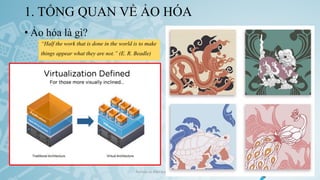 1. TỔNG QUAN VỀ ẢO HÓA
• Ảo hóa là gì?
Ảo hóa và điện toán đám mây 3
“Half the work that is done in the world is to make
things appear what they are not.” (E. R. Beadle)
 