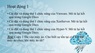 Hoạt động 1
• Cài đặt và dùng thử 1 chức năng của Vmware. Mô tả lại kết
quả trong Google Docs
• Cài đặt và dùng thử 1 chức năng của XenServer. Mô tả lại kết
quả trong Google Docs
• Cài đặt và dùng thử 1 chức năng của Hyper-V. Mô tả lại kết
quả trong Google Docs
Test: Copy 1 file vào máy ảo. Cho biết sự tồn tại của file khi
máy ảo chạy, khi máy ảo tắt?
Ảo hóa và điện toán đám mây 33
 