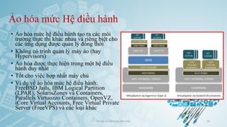Ảo hóa mức Hệ điều hành
• Ảo hóa mức hệ điều hành tạo ra các môi
trường thực thi khác nhau và riêng biệt cho
các ứng dụng được quản lý đồng thời
• Không có trình quản lý máy ảo (hay
Hypervisors)
• Ảo hóa được thực hiện trong một hệ điều
hành duy nhất
• Tốt cho việc hợp nhất máy chủ
• Ví dụ về ảo hóa mức hệ điều hành:
FreeBSD Jails, IBM Logical Partition
(LPAR), SolarisZones và Containers,
Parallels Virtuozzo Containers, OpenVZ,
iCore Virtual Accounts, Free Virtual Private
Server (FreeVPS) và các loại khác
Ảo hóa và điện toán đám mây 34
 