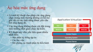 Ảo hóa mức ứng dụng
• Là một kỹ thuật cho phép các ứng dụng
chạy trong môi trường không có hỗ trợ
gốc tất cả các tính năng được yêu cầu
bởi ứng dụng đó.
• Các ứng dụng không được cài đặt trong
môi trường thời gian chạy dự kiến.
• Kỹ thuật này chủ yếu liên quan nhiều
nhất đến:
• Một phần hệ thống tập tin
• Các thư viện
• Mô phỏng các thành phần hệ điều hành
Ảo hóa và điện toán đám mây 37
 
