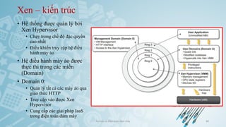 Xen – kiến trúc
• Hệ thống được quản lý bởi
Xen Hypervisor
• Chạy trong chế độ đặc quyền
cao nhất
• Điều khiển truy cập hệ điều
hành máy ảo
• Hệ điều hành máy ảo được
thực thi trong các miền
(Domain)
• Domain 0:
• Quản lý tất cả các máy ảo qua
giao thức HTTP
• Truy cập vào được Xen
Hypervisor
• Cung cấp các giải pháp IaaS
trong điện toán đám mây
Ảo hóa và điện toán đám mây 48
 