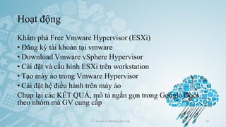Hoạt động
Khám phá Free Vmware Hypervisor (ESXi)
• Đăng ký tài khoản tại vmware
• Download Vmware vSphere Hypervisor
• Cài đặt và cấu hình ESXi trên workstation
• Tạo máy ảo trong Vmware Hypervisor
• Cài đặt hệ điều hành trên máy ảo
Chụp lại các KẾT QUẢ, mô tả ngắn gọn trong Google Docs
theo nhóm mà GV cung cấp
Ảo hóa và điện toán đám mây 59
 