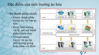 Đặc điểm của môi trường ảo hóa
Ảo hóa và điện toán đám mây 6
• Ba thành phần chính
• Guest: thành phần
tương tác với lớp ảo
hóa
• Host: Môi trường
vật lý, nơi mà thành
phần Guest chạy
• Virtualization
Layer: tái tạo lại
môi trường giống
hoặc khác với Host
 