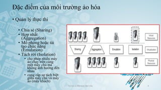 Đặc điểm của môi trường ảo hóa
Ảo hóa và điện toán đám mây 8
• Quản lý thực thi
• Chia sẻ (Sharing)
• Hợp nhất
(Aggregation)
• Mô phỏng hoặc tái
tạo chức năng
(Emulation)
• Tách rời (Isolation)
• cho phép nhiều máy
ảo chạy trên cùng
một máy chủ mà
không ảnh hưởng đến
nhau
• cung cấp sự tách biệt
giữa máy chủ và máy
ảo (máy khách)
 
