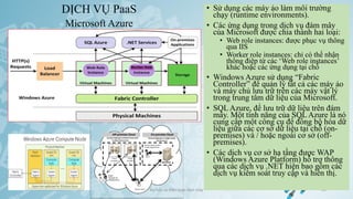 DỊCH VỤ PaaS
Ảo hóa và điện toán đám mây 24
Microsoft Azure
• Sử dụng các máy ảo làm môi trường
chạy (runtime environments).
• Các ứng dụng trong dịch vụ đám mây
của Microsoft được chia thành hai loại:
• Web role instances: được phục vụ thông
qua IIS
• Worker role instances: chỉ có thể nhận
thông điệp từ các ‘Web role instances’
khác hoặc các ứng dụng tại chỗ
• Windows Azure sử dụng “Fabric
Controller” để quản lý tất cả các máy ảo
và máy chủ lưu trữ trên các máy vật lý
trong trung tâm dữ liệu của Microsoft.
• SQL Azure, để lưu trữ dữ liệu trên đám
mây. Một tính năng của SQL Azure là nó
cung cấp một công cụ để đồng bộ hóa dữ
liệu giữa các cơ sở dữ liệu tại chỗ (on-
premises) và / hoặc ngoài cơ sở (off-
premises).
• Các dịch vụ cơ sở hạ tầng được WAP
(Windows Azure Platform) hỗ trợ thông
qua các dịch vụ .NET hiện bao gồm các
dịch vụ kiểm soát truy cập và hiển thị.
 