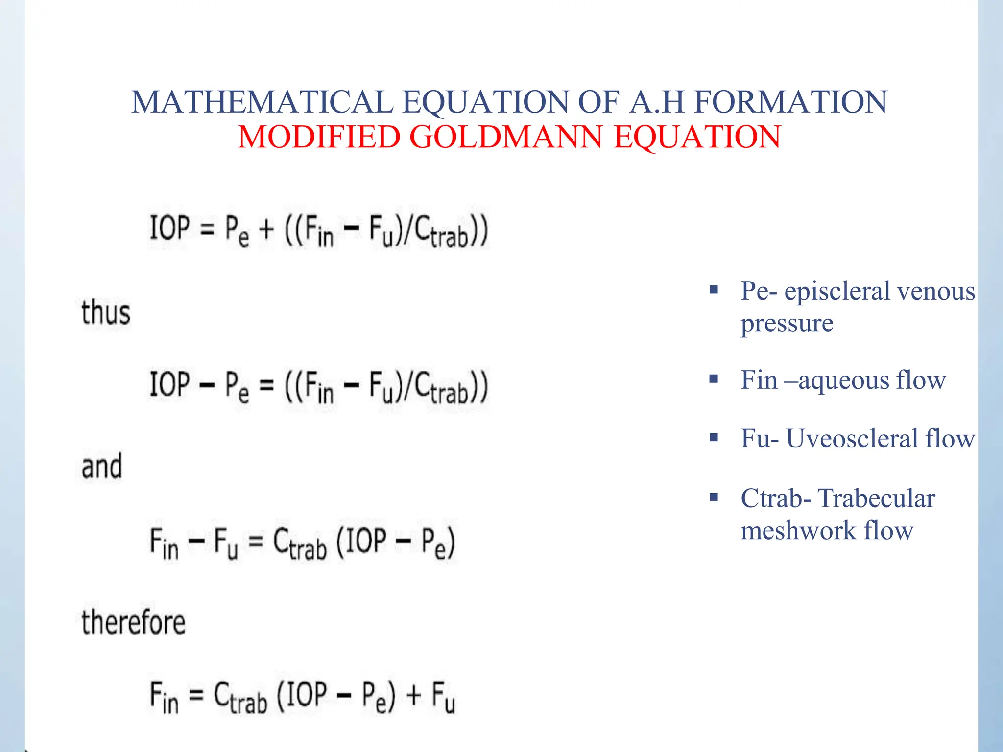 MATHEMATICAL EQUATION OF A.H FORMATION
MODIFIED GOLDMANN EQUATION
 Pe- episcleral venous
pressure
 Fin –aqueous flow
 Fu- Uveoscleral flow
 Ctrab- Trabecular
meshwork flow
 