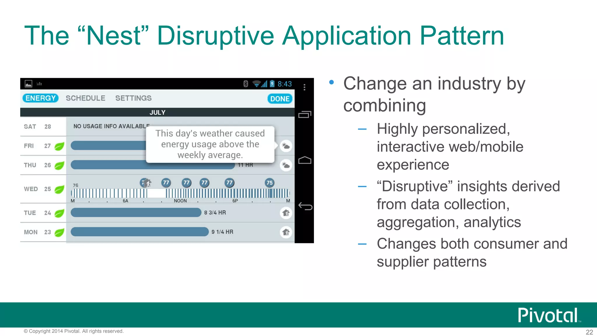 22© Copyright 2014 Pivotal. All rights reserved.
The “Nest” Disruptive Application Pattern
• Change an industry by
combining
– Highly personalized,
interactive web/mobile
experience
– “Disruptive” insights derived
from data collection,
aggregation, analytics
– Changes both consumer and
supplier patterns
 