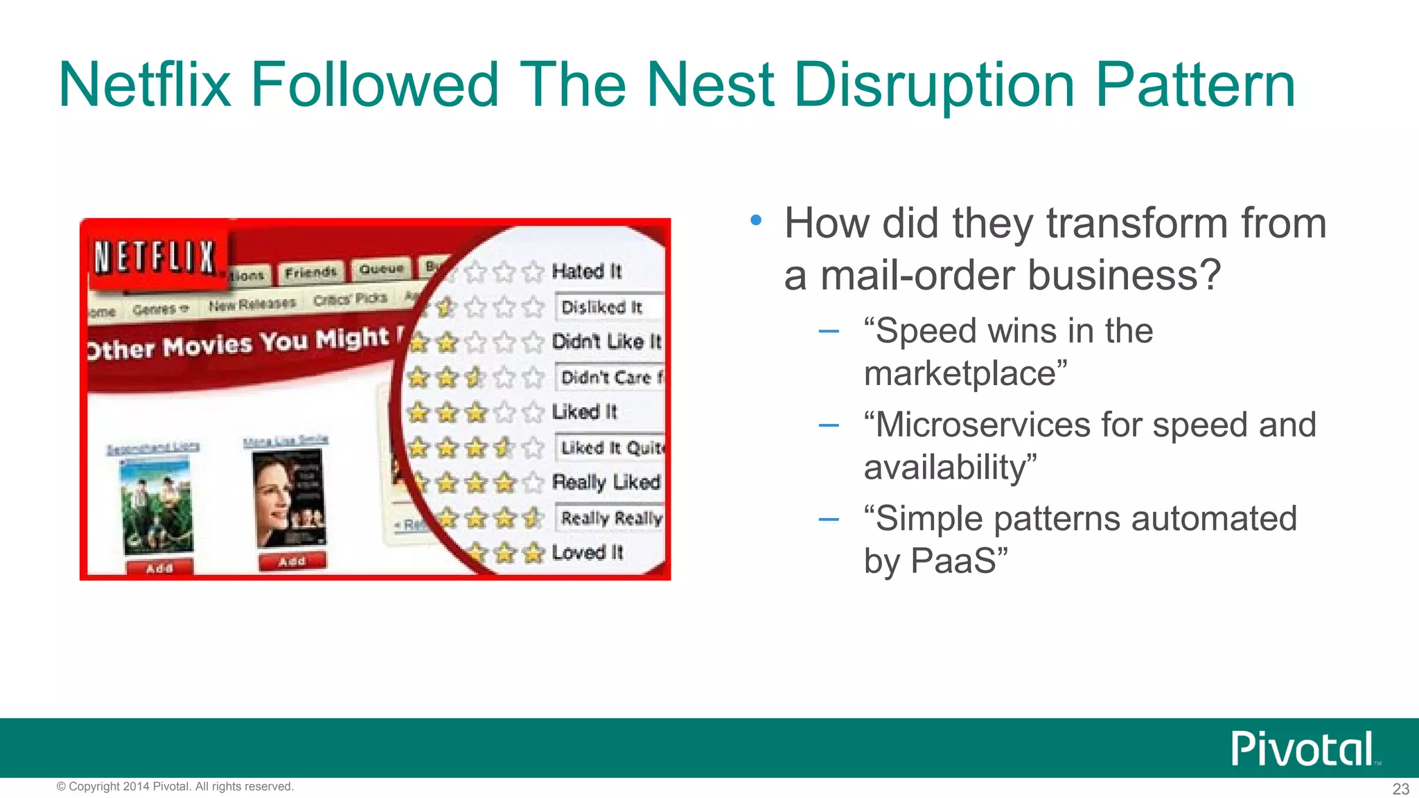 23© Copyright 2014 Pivotal. All rights reserved.
Netflix Followed The Nest Disruption Pattern
• How did they transform from
a mail-order business?
– “Speed wins in the
marketplace”
– “Microservices for speed and
availability”
– “Simple patterns automated
by PaaS”
 