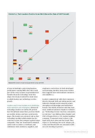 Exhibit 4 | Tech Leaders Tend to Grow Well Above the Rate of GDP Growth
Revenue CAGR, 2010–2012 (%)

30
Leaders

Leaders

25

Leaders

Followers
Leaders

20

Laggards
Followers

15
Followers

Leaders

Laggards

10
Followers
Laggards
5

Laggards

Followers
Laggards

0

5

10

15

20

25

30

Nominal GDP CAGR, 2010–2012 (%)

Brazil

China

India

Germany

U.S.

Source: BCG economic impact study quantitative survey, april 2013.

of new technologies and strong business
performance among SMEs. But this is only
part of the story. Leaders reap multifaceted
benefits from the technology tools they
adopt. Our study revealed five main ways
in which leaders use technology to drive
growth.
leaders reach new markets and collaborate
with customers and employees. Almost all
technology leaders are online, 88 percent
have broadband connections, and two-thirds
use mobile devices and have social-media
pages. The leaders we surveyed told us that
technology-enabled collaboration has become key to how they compete against larger
companies. They use cloud-based communication tools to connect, coordinate, and
collaborate with customers, suppliers, and

employees everywhere. In both developed
and emerging markets, many more leaders
than laggards have international customers.
(See Exhibit 5.)
Leaders communicate with their customers
directly through VoIP and online portals and
indirectly through social networks, which
strengthens relationships and builds their
brands. Two-thirds of leaders said they have
more satisfied customers thanks to technology. “Technology lets me reach my consumers
in real time,” says Melissa Shin, founder and
CEO of Dagne Dover, a U.S. custom-handbag
company. “Consumers want to have a dialogue with each other and the brand. They
expect it. Technology lets us be unique, personal, and friends with our consumers without ever meeting in person.”
The Boston Consulting Group | 9

 