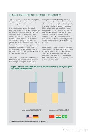 female enTrePreneurS and TeChnoloGy
Technology can help level the playing field
for groups that have been historically
disadvantaged in business.
in most countries, women lag men in
education, wages, and access to technology.
Worldwide, 25 percent fewer women than
men have access to the internet. This
gender gap reaches 40 percent in SubSaharan africa. Women worldwide are
21 percent less likely to own a mobile
phone; this deficit increases to 37 percent
in South asia. in the u.S., only 58 percent
of women participate in the workforce
compared with 70 percent of men. This
disparity rises to 29 percent of women and
81 percent of men in india.
among the Smes we surveyed, though,
technology leaders with female founders
have bridged these gaps and achieved

average revenues that mostly match or
surpass those of male-founded companies.
(See the exhibit below.) Tech-leading Smes
that were founded by women were more
likely to have a company website, socialmedia pages, and online offerings such as
online stores and customer portals. The
difference is most stark in emerging
markets. in india, for example, companies
in our survey that were founded by women
are 1.5 times more likely to be technology
leaders.
equal economic participation by both men
and women is a goal for many nations. our
survey demonstrated that tech-enabled
Smes led by women have high growth
potential. Governments can help ensure
that women have the ability to compete on
a level iT playing field.

Higher Levels of Tech Adoption Lead to Revenues Closer to Parity or Higher
for Female-Founded SMEs

Tech leaders

–8

Tech followers

40

–34

65

Tech laggards –56

–57

–60

–40

–20

0

20

Diﬀerence in revenue,
female- versus male-led companies (%)

Developed-market SMEs

–100

–50

0

50

100

Diﬀerence in revenue,
female- versus male-led companies (%)

Emerging-market SMEs

Source: BCG economic impact study quantitative survey, april 2013.

The Boston Consulting Group | 21

 