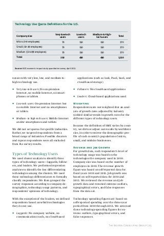 Technology Use Quota Definitions for the U.S.
Very-low-tech
users

Low-tech
users

Medium-to-hightech users

Micro (0–9 employees)

70

150

150

370

small (10–49 employees)

70

150

150

370

Medium (50–499 employees)

70

150

150

370

210

450

450

1,110

Company size

Total

Total

Source: BCG economic impact study quantitative survey, april 2013.

nesses with very low, low, and medium-tohigh technology use.

•

applications (such as IaaS, PaaS, SaaS, and
cloud-based storage)

Very-low-tech users: no on-premises
Internet, no mobile Internet, no smartphones or tablets

•

Followers: No cloud-based applications

•

Leaders: Cloud-based applications used

•

Low-tech users: on-premises internet but
no mobile Internet and no smartphones
or tablets

•

Medium- to high-tech users: Mobile internet
and/or smartphones and tablets

Weighting
Respondents were not weighted. But an analysis of growth rates adjusted by industry
yielded similar trends in growth rates for the
different types of technology users.

We did not set quotas for specific industries.
Rather, we targeted respondents from a
broad range of industries. Possible cheaters
and repeat respondents were all excluded
from the survey results.

types of technology users
We used cluster analysis to identify three
types of technology users—laggards, followers, and leaders. We performed regression
analyses to identify the key differentiating
technologies among the clusters. We used
these technology differentiators to formally
classify respondents. We then grouped the
survey responses according to company demographics, technology usage patterns, and
respondents’ opinions of technology.
With the exception of the leaders, we defined
respondents based on which technologies
they do not use.

•

Laggards: No company website, no
communications tools, no cloud-based

Because the definition of SME varies by country, we did not adjust our results by workforce
size, in order to mirror the demographic profile of each country’s population of micro,
small, and midsize businesses.
Revenue and Job Growth
For growth data, each respondent’s level of
technology usage was based on the
technologies the company used in 2010.
Company size was based on the number of
employees in 2010. The revenue growth
figure was based on self-reported data for
fiscal years 2010 and 2012. Job growth was
based on self-reported data for 2010 and
2013. We reviewed the revenue and job
growth data and removed extreme outliers,
typographical errors, and false responses
from the data set.
Technology spending figures are based on
self-reported spending over the three-year
period from 2010 through 2012. We screened
these technology-spending figures for extreme outliers, typographical errors, and
false responses.
The Boston Consulting Group | 25

 