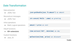 Date Transformation
●
●
●
● 60+ extensions
●
json:getDouble(json,"$.amount") as amount
str:concat(‘Hello ’,name) as greeti...