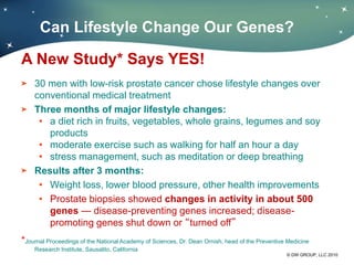 © DW GROUP, LLC 2010
30 men with low-risk prostate cancer chose lifestyle changes over
conventional medical treatment
Three months of major lifestyle changes:
• a diet rich in fruits, vegetables, whole grains, legumes and soy
products
• moderate exercise such as walking for half an hour a day
• stress management, such as meditation or deep breathing
Results after 3 months:
• Weight loss, lower blood pressure, other health improvements
• Prostate biopsies showed changes in activity in about 500
genes — disease-preventing genes increased; disease-
promoting genes shut down or “turned off”
*Journal Proceedings of the National Academy of Sciences, Dr. Dean Ornish, head of the Preventive Medicine
Research Institute, Sausalito, California
A New Study* Says YES!
Can Lifestyle Change Our Genes?
 