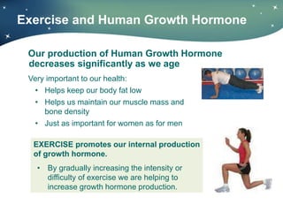 Exercise and Human Growth Hormone
Our production of Human Growth Hormone
decreases significantly as we age
EXERCISE promotes our internal production
of growth hormone.
• By gradually increasing the intensity or
difficulty of exercise we are helping to
increase growth hormone production.
Very important to our health:
• Helps keep our body fat low
• Helps us maintain our muscle mass and
bone density
• Just as important for women as for men
 