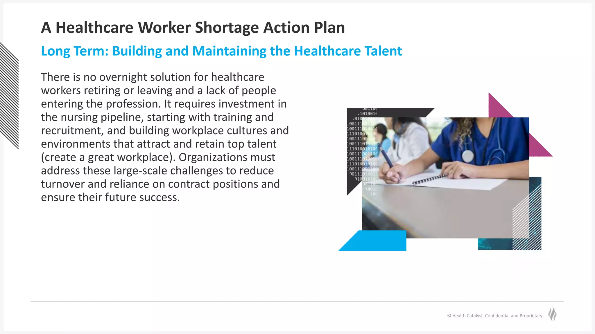 © Health Catalyst. Confidential and Proprietary.
A Healthcare Worker Shortage Action Plan
There is no overnight solution for healthcare
workers retiring or leaving and a lack of people
entering the profession. It requires investment in
the nursing pipeline, starting with training and
recruitment, and building workplace cultures and
environments that attract and retain top talent
(create a great workplace). Organizations must
address these large-scale challenges to reduce
turnover and reliance on contract positions and
ensure their future success.
Long Term: Building and Maintaining the Healthcare Talent
 