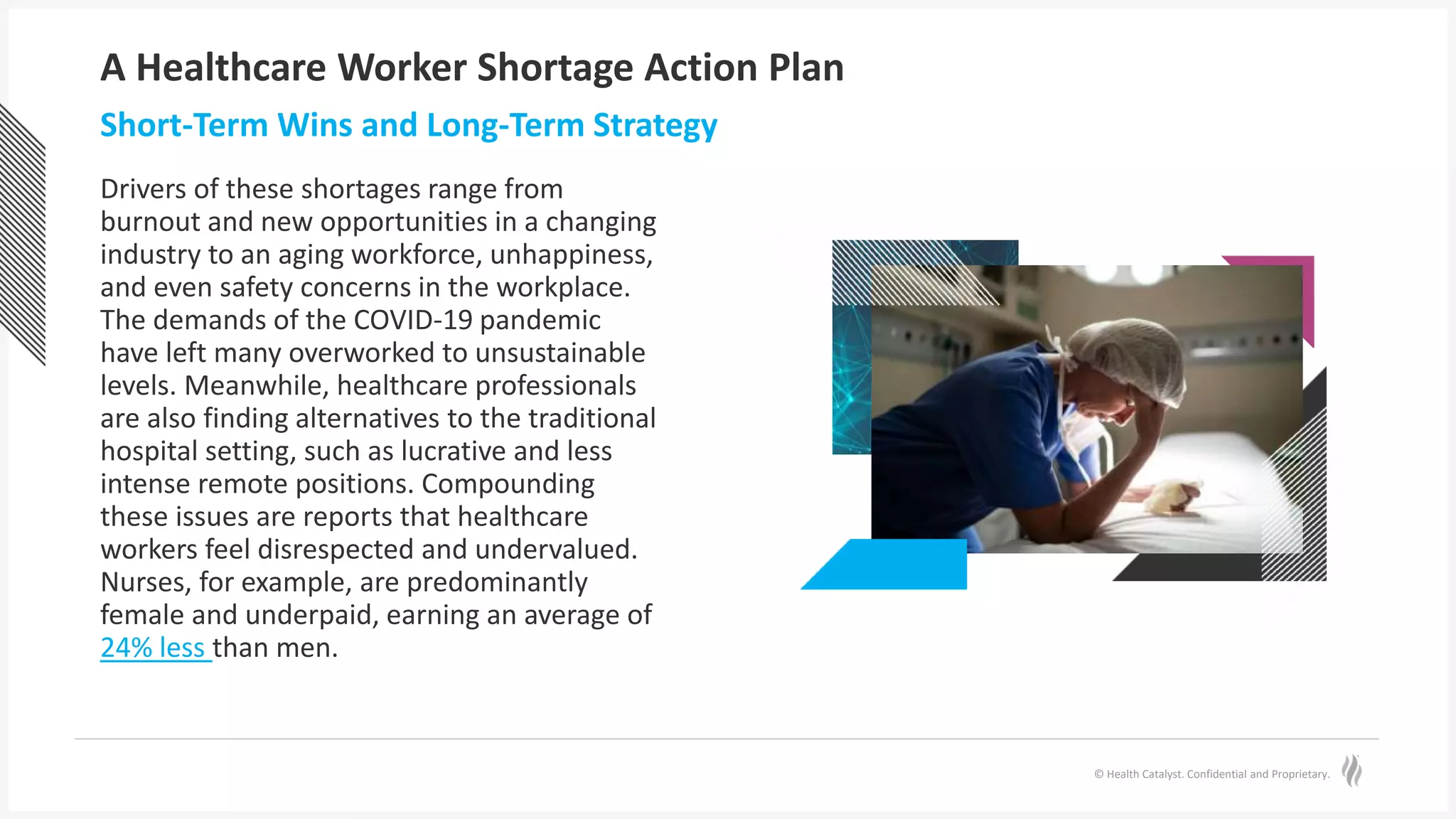 © Health Catalyst. Confidential and Proprietary.
A Healthcare Worker Shortage Action Plan
Drivers of these shortages range from
burnout and new opportunities in a changing
industry to an aging workforce, unhappiness,
and even safety concerns in the workplace.
The demands of the COVID-19 pandemic
have left many overworked to unsustainable
levels. Meanwhile, healthcare professionals
are also finding alternatives to the traditional
hospital setting, such as lucrative and less
intense remote positions. Compounding
these issues are reports that healthcare
workers feel disrespected and undervalued.
Nurses, for example, are predominantly
female and underpaid, earning an average of
24% less than men.
Short-Term Wins and Long-Term Strategy
 