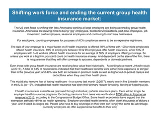 Shifting work force and ending the current group health
insurance market:
The US work force is shifting with less Americans working at large employers and being covered by group health
insurance. Americans are moving more to being “gig” employees, freelancers/consultants, part-time employees, job
movement, cash employees, seasonal employees and continuing to start new businesses.
For employers, counting employees for purposes of ACA compliance seems to be an expensive nightmare.
The size of your employer is a major factor on if Health insurance is offered: 96% of firms with 100 or more employees
offered health insurance, 89% of employers between 50 & 99 employees offer health insurance, while 53% of
employees with 3-49 workers offered health insurance for an average of 56% of employers offering coverage. So
unless you work at a big firm, you can't count on health insurance anyway. And dependent on the size of the firm, there
is no guarantee that they will offer coverage to spouses, dependents or domestic partners.
Even those with group health insurance are receiving less value than historically. According to a recent LinkedIn study
(2/2017), A total of 63% of respondents indicated that their healthcare benefits were either more expensive or stingier
than in the previous year, and 40% saw both an increase in premium costs as well as higher out-of-pocket copays and
deductibles when they used their health plans.
This would also remove fear of losing healthcare - In a survey last month (2/2017), nearly one in five LinkedIn members
in the U.S. (or 19%) indicated that health insurance has been their primary reason for taking, leaving or keeping a job.
If health insurance is available as proposed through individual, portable insurance plans, there will no longer be
employer health insurance programs. Excluding premiums from taxes was worth about $250 billion in forgone tax
revenue in 2013, according to the Congressional Budget Office. Some health economists have argued that the
exemption artificially drives up health spending. Employer-provided health benefits, often worth thousands of dollars a
year, aren’t taxed as wages are. People who have to buy coverage on their own don’t enjoy the same tax advantage.
Currently employers do offer supplemental benefits to their emp
 
