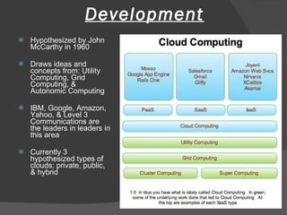 Development Hypothesized by John McCarthy in 1960 Draws ideas and concepts from: Utility Computing, Grid Computing, & Autonomic Computing IBM, Google, Amazon, Yahoo, & Level 3 Communications are the leaders in leaders in this area Currently 3 hypothesized types of clouds: private, public, & hybrid 