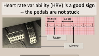 Slower
Faster
Heart rate variability (HRV) is a good sign
-- the pedals are not stuck
0.64 sec 1.0 sec
 
