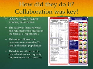 How did they do it?
Collaboration was key!
 OQUIN received medical
summary information.
 The data was then analyzed
and returned to the practice in
the form of a ‘report card’.
 This report allowed the
practices to monitor the CV
health of patient population
 This data was then used to
drive decisions, care, quality
improvements and research.
 