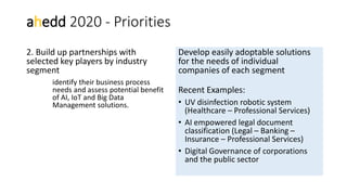 ahedd 2020 - Priorities
3. Industry and public sector
training and consulting regarding AI
possible use
• Expectations and...