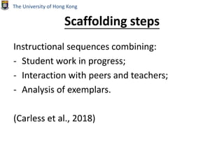 Scaffolding steps
Instructional sequences combining:
- Student work in progress;
- Interaction with peers and teachers;
- Analysis of exemplars.
(Carless et al., 2018)
The University of Hong Kong
 