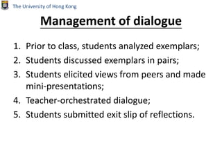 Management of dialogue
1. Prior to class, students analyzed exemplars;
2. Students discussed exemplars in pairs;
3. Students elicited views from peers and made
mini-presentations;
4. Teacher-orchestrated dialogue;
5. Students submitted exit slip of reflections.
The University of Hong Kong
 