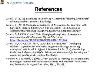 References
Carless, D. (2015). Excellence in University Assessment: learning from award-
winning teachers. London: Routledge.
Carless, D. (2017). Students’ experiences of Assessment for Learning. In D.
Carless, S. Bridges, C.K.W. Chan & R. Glofcheski (Eds.), Scaling up
Assessment for learning in Higher Education. Singapore: Springer.
Carless, D. & K.K.H. Chan (2016). Managing dialogic use of exemplars.
Assessment and Evaluation in Higher Education,
http://dx.doi.org/10.1080/02602938.2016.1211246
Carless, D., Chan, K.K.H., To, J., Lo, M. & E. Barrett (2018). Developing
students’ capacities for evaluative judgement through analysing
exemplars. In D. Boud, R. Ajjawi, P. Dawson & J. Tai (Eds), Developing
Evaluative Judgement in Higher Education: Assessment for knowing and
producing quality work. London: Routledge.
Handley, K. & Williams, L. (2011). From copying to learning: Using exemplars
to engage students with assessment criteria and feedback. Assessment
and Evaluation in Higher Education, 36(1), 95-108.
The University of Hong Kong
 