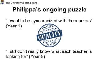 Philippa’s ongoing puzzle
“I want to be synchronized with the markers”
(Year 1)
“I still don’t really know what each teacher is
looking for” (Year 5)
The University of Hong Kong
 