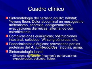 Cuadro clínico
Sintomatología del parasito adulto; hábitat;
Yeyuno Ileon, Dolor abdominal en mesogastrio,
meteorismo, anorexia, adelgazamiento,
evacuaciones diarreicas, alternando con
estreñimiento.
Complicaciones quirúrgicas; obstrucciones
intestinal, colédoco, Wirsung páncreas, etc.
Padecimientos alérgicos; provocados por las
proteínas del A. lumbricoides; atopias, asma.
Sintomatología larval:
– Síndrome de Loefler (neumonía por larvas) tos
  expectoración, polipnea, fiebre.
 