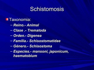 Schistomosis
Taxonomia:
– Reino.- Animal
– Clase .- Trematoda
– Orden.- Digenea
– Familia.- Schisostomatidae
– Género.- Schisostoma
– Especies.- mansoni, japonicum,
  haematobium
 