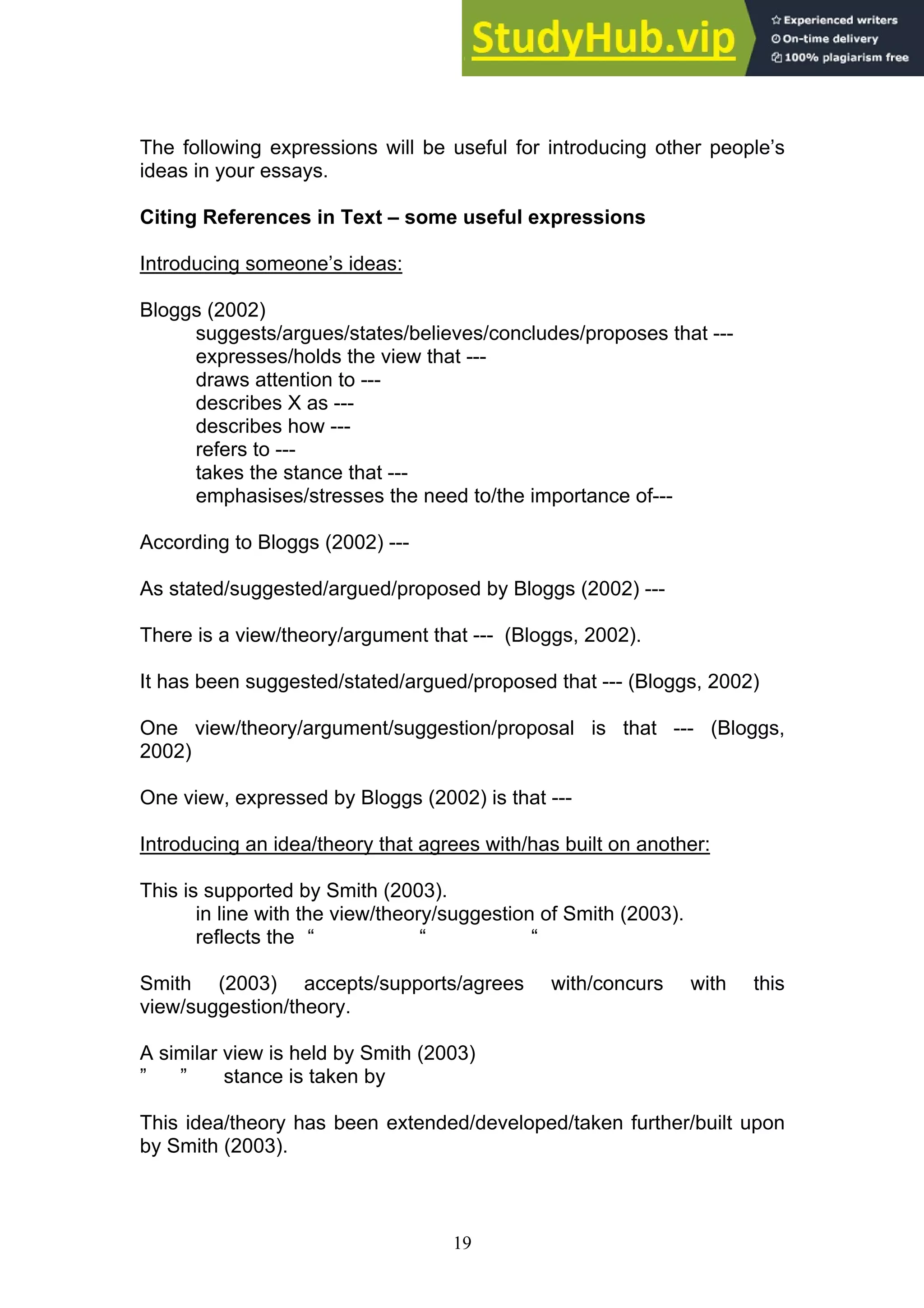 19
The following expressions will be useful for introducing other people’s
ideas in your essays.
Citing References in Text – some useful expressions
Introducing someone’s ideas:
Bloggs (2002)
suggests/argues/states/believes/concludes/proposes that ---
expresses/holds the view that ---
draws attention to ---
describes X as ---
describes how ---
refers to ---
takes the stance that ---
emphasises/stresses the need to/the importance of---
According to Bloggs (2002) ---
As stated/suggested/argued/proposed by Bloggs (2002) ---
There is a view/theory/argument that --- (Bloggs, 2002).
It has been suggested/stated/argued/proposed that --- (Bloggs, 2002)
One view/theory/argument/suggestion/proposal is that --- (Bloggs,
2002)
One view, expressed by Bloggs (2002) is that ---
Introducing an idea/theory that agrees with/has built on another:
This is supported by Smith (2003).
in line with the view/theory/suggestion of Smith (2003).
reflects the “ “ “
Smith (2003) accepts/supports/agrees with/concurs with this
view/suggestion/theory.
A similar view is held by Smith (2003)
” ” stance is taken by
This idea/theory has been extended/developed/taken further/built upon
by Smith (2003).
 