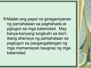 Malaki ang papel na ginagampanan
ng pamahalaan sa paghahada at
pgtugon sa mga kalamidad. May
kanya-kanyang tungkulin sa iba’t-
ibang ahensiys ng pamahalaan sa
pagtugon sa pangangailangan ng
mga mamamayan kaugnay ng mga
kalamidad
 