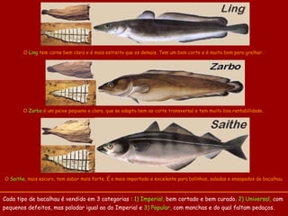 Cada tipo de bacalhau é vendido em  3 categorias :   1)  Imperial ,  bem cortado e bem curado.   2)  Universal ,   com  pequenos defeitos ,   mas  paladar  igual ao  do Imperial  e  3)  Popular ,   com  manchas e do qual faltam pedaços.   O   Ling   tem carne   bem clara e  é  mais estreito que os demais. Tem um bom corte e é muito bo m  para grelhar.  O   Saithe ,   mais escuro , tem  sabor mais forte. É o mais importado e  excelente  para bolinhos,   saladas e ensopados de bacalhau. O   Zarbo   é um peixe pequeno e claro, que se adapta bem ao corte transversal e tem muito boa rentabilidade.  