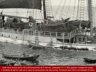 Cada navio  leva va entre  40 a 60  barquinhos de  5 metros ,   chamados  Dóris .   Eles p odiam  transportar  quase  1 tonelada de peixe  cada um e como se  encaixavam uns nos outros , tornavam mais fácil  a arrumação  no navio . 