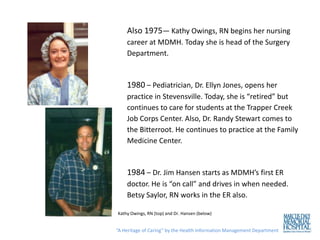 Also 1975— Kathy Owings, RN begins her nursing
    career at MDMH. Today she is head of the Surgery
    Department.


    1980 – Pediatrician, Dr. Ellyn Jones, opens her
    practice in Stevensville. Today, she is “retired” but
    continues to care for students at the Trapper Creek
    Job Corps Center. Also, Dr. Randy Stewart comes to
    the Bitterroot. He continues to practice at the Family
    Medicine Center.


    1984 – Dr. Jim Hansen starts as MDMH’s first ER
    doctor. He is “on call” and drives in when needed.
    Betsy Saylor, RN works in the ER also.

Kathy Owings, RN (top) and Dr. Hansen (below)


“A Heritage of Caring” by the Health Information Management Department
 