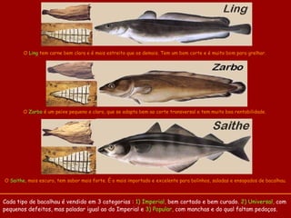O Ling tem carne bem clara e é mais estreito que os demais. Tem um bom corte e é muito bom para grelhar.
O Saithe, mais escuro, tem sabor mais forte. É o mais importado e excelente para bolinhos, saladas e ensopados de bacalhau.
O Zarbo é um peixe pequeno e claro, que se adapta bem ao corte transversal e tem muito boa rentabilidade.
Cada tipo de bacalhau é vendido em 3 categorias : 1) Imperial, bem cortado e bem curado. 2) Universal, com
pequenos defeitos, mas paladar igual ao do Imperial e 3) Popular, com manchas e do qual faltam pedaços.
 