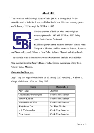 Page 24 of 75
About SEBI
The Securities and Exchange Board of India (SEBI) is the regulator for the
securities market in India. It was established in the year 1988 and statutory power
on 30 January 1992 through the SEBI Act, 1992.
The Government of India on May 1992 and given
statutory powers in 1992 with SEBI Act 1992 being
passed by the Indian Parliament.
SEBI headquarters at the business district of Bandra Kurla
Complex in Mumbai, and has Northern, Eastern, Southern,
and Western Regional Offices in New Delhi, Kolkata, Chennai and Ahmedabad.
The chairman who is nominated by Union Government of India. Two members
One member from the Reserve Bank of India. Second member are officer from
Union Finance Minister.
OrganizationStructure
Ajay Tyagi was appointed chairman on 10 January 2017 replacing U K Sinha. A
charge of chairman office on 1 May 2017.
Name Designation
Ajay Tyagi Chairman
Gurumoorthy Mahalingam Whole Time Member
Sanjeev Kaushik Whole Time Member
Madhhabs Puri Buch Whole Time Member
Shaktikanta Das Part Time Member
N.S. Vishwanathan Whole Time Member
Prem Kumar Whole Time Member
 
