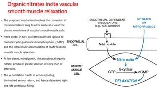 Organic nitrates incite vascular
smooth muscle relaxation
• The proposed mechanism involves the conversion of
the administered drug to nitric oxide at or near the
plasma membrane of vascular smooth muscle cells.
• Nitric oxide, in turn, activates guanylate cyclase to
produce cyclic guanosine monophosphate (cGMP),
and the intracellular accumulation of cGMP leads to
smooth muscle relaxation.
• At low doses, nitroglycerin, the prototypical organic
nitrate, produces greater dilation of veins than of
arterioles.
• The venodilation results in venous pooling,
diminished venous return, and hence decreased right
and left ventricular filling.
 
