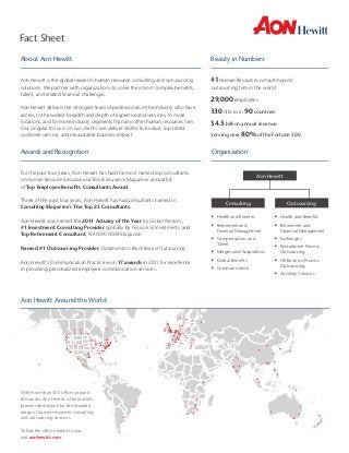 Fact Sheet
About Aon Hewitt                                                                   Beauty in Numbers


Aon Hewitt is the global leader in human resource consulting and outsourcing       #1 Human Resources consulting and
solutions. We partner with organizations to solve their most complex benefits,     outsourcing firm in the world
talent, and related financial challenges.
                                                                                   29,000 employees
Aon Hewitt delivers the strongest team of professionals in the industry who have
access to the widest breadth and depth of expertise and services, in more
                                                                                   330 offices in 90 countries
locations, and for more industry segments than any other human resources firm.     $4.5 billion annual revenue
Our singular focus is on our clients: we deliver distinctive value, top-rated
customer service, and measurable business impact.                                  Serving over 80% of the Fortune 500


Awards and Recognition                                                             Organization


For the past four years, Aon Hewitt has had the most named top consultants
                                                                                                              Aon Hewitt
on Human Resource Executive and Risk & Insurance Magazines annual list
of Top Employee Benefits Consultants Award.

Three of the past four years, Aon Hewitt has had consultants named in
                                                                                            Consulting                      Outsourcing
Consulting Magazine’s The Top 25 Consultants.
                                                                                   n	   Health and Benefits         n	   Health and Benefits
Aon Hewitt was named the 2011 Actuary of the Year by Global Pensions,
                                                                                   n	   Retirement and              n	   Retirement and
#1 Investment Consulting Provider globally by Pensions & Investments, and
                                                                                        Financial Management             Financial Management
Top Retirement Consultant, PLANSPONSOR Magazine.
                                                                                   n	   Compensation and            n	   Exchanges
                                                                                        Talent
Named #1 Outsourcing Provider, Datamonitor’s Black Book of Outsourcing.
                                                                                                                    n	   Recruitment Process
                                                                                   n	   Mergers and Acquisitions         Outsourcing

Aon Hewitt’s Communication Practice won 17 awards in 2011 for excellence
                                                                                   n	   Global Benefits             n	   HR Business Process
                                                                                                                         Outsourcing
in providing personalized employee communication services.                         n	   Communication
                                                                                                                    n	   Ancillary Services




Aon Hewitt Around the World




With more than 300 offices around
the world, Aon Hewitt is the world’s
premier destination for the broadest
range of human resources consulting
and outsourcing services.

To find the office nearest to you,
visit aonhewitt.com.
 