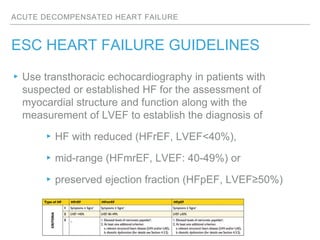 ACUTE DECOMPENSATED HEART FAILURE
ESC HEART FAILURE GUIDELINES
▸Use transthoracic echocardiography in patients with
suspected or established HF for the assessment of
myocardial structure and function along with the
measurement of LVEF to establish the diagnosis of
▸HF with reduced (HFrEF, LVEF<40%),
▸mid-range (HFmrEF, LVEF: 40-49%) or
▸preserved ejection fraction (HFpEF, LVEF≥50%)
 