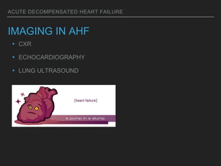 ACUTE DECOMPENSATED HEART FAILURE
IMAGING IN AHF
▸ CXR
▸ ECHOCARDIOGRAPHY
▸ LUNG ULTRASOUND
 