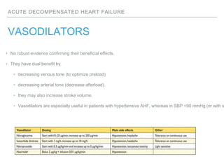 ACUTE DECOMPENSATED HEART FAILURE
VASODILATORS
‣ No robust evidence confirming their beneficial effects.
‣ They have dual benefit by
‣ decreasing venous tone (to optimize preload)
‣ decreasing arterial tone (decrease afterload).
‣ they may also increase stroke volume.
‣ Vasodilators are especially useful in patients with hypertensive AHF, whereas in SBP <90 mmHg (or with s
 