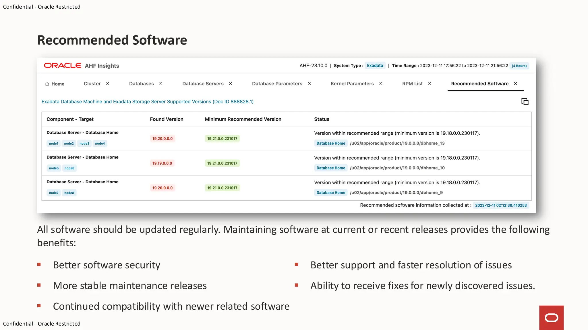 Confidential - Oracle Restricted
Confidential - Oracle Restricted
Recommended Software
All software should be updated regularly. Maintaining software at current or recent releases provides the following
benefits:
▪ Better software security
▪ More stable maintenance releases
▪ Continued compatibility with newer related software
▪ Better support and faster resolution of issues
▪ Ability to receive fixes for newly discovered issues.
 