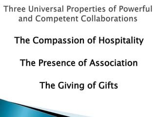 The Compassion of Hospitality

 The Presence of Association

     The Giving of Gifts
 