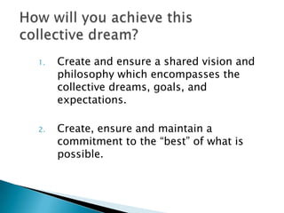 1.   Create and ensure a shared vision and
     philosophy which encompasses the
     collective dreams, goals, and
     expectations.

2.   Create, ensure and maintain a
     commitment to the “best” of what is
     possible.
 