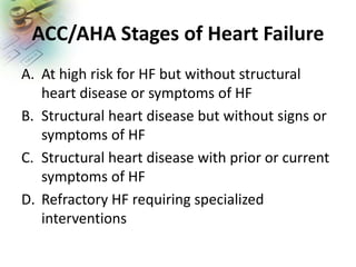 ACC/AHA Stages of Heart Failure
A. At high risk for HF but without structural
heart disease or symptoms of HF
B. Structural heart disease but without signs or
symptoms of HF
C. Structural heart disease with prior or current
symptoms of HF
D. Refractory HF requiring specialized
interventions
 